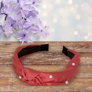 HANDMADE KNOTTED HEADBAND WITH FAUX WHITE PEARLS IN CORAL
